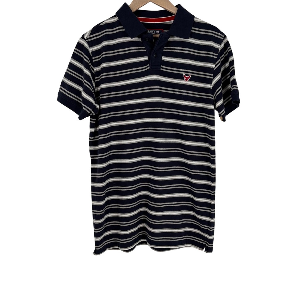Company 81‎ Mens Navy Blue Striped Short Sleeve Polo Shirt Size L Preppy Logo